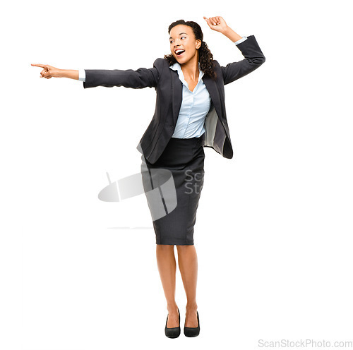 Image of Business woman, dancing or pointing hands at success promotion, sales deal or finance bonus on isolated white background. Smile, happy or worker dance and show finger in winner celebration or victory