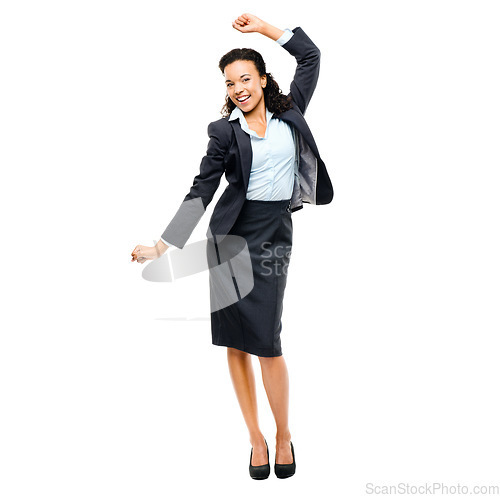 Image of Business woman, dancing or success expression for company growth, sales deal or finance salary bonus. Smile, happy or worker dance in celebration, winner or comic victory on isolated white background