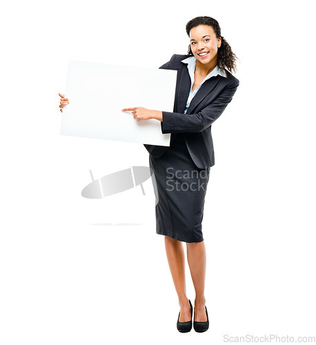 Image of Business woman, hands or pointing at poster promotion, billboard branding mockup or product placement space. Smile, happy and corporate banner paper for worker sales deal on isolated white background