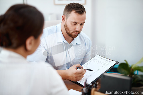 Image of Clipboard, documents and business people or clients in office in advice, support or talking of invoice or financial report. Proposal, quote and financial advisor speaking to woman and planning budget