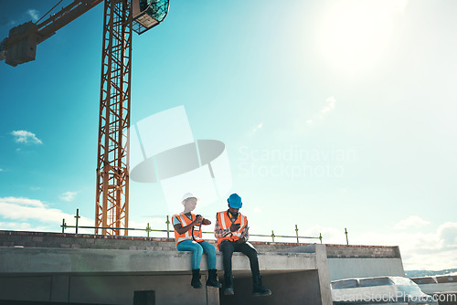 Image of Engineer, team and talking on building roof at construction site about break time, development or architecture. Black woman and man outdoor for engineering project, teamwork or safety with sky mockup