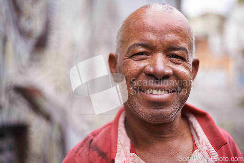 Image of Smile, portrait and happy old man outdoors, relaxed and carefree while enjoying the weekend. Face, retirement and senior mexican male enjoying retired lifestyle, cheerful and laughing in Mexico