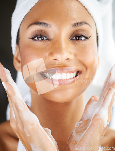 Image of Skincare, closeup of woman cleaning face and smile for beauty in portrait. Satisfied with shine, routine or hygiene and skin or morning wellness of African female model with isolated treatment