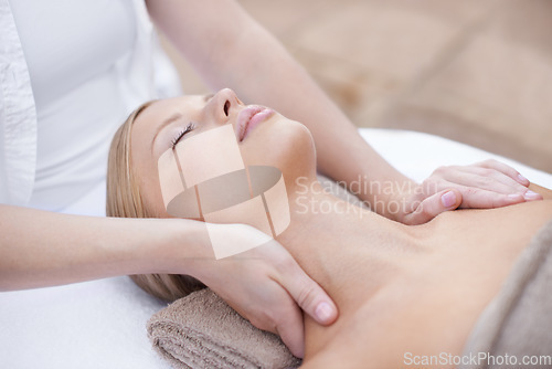 Image of Hands of masseuse, woman getting neck massage in spa and wellness with peace, tranquility and holistic treatment. Stress relief, zen and female person at luxury resort with self care and body healing
