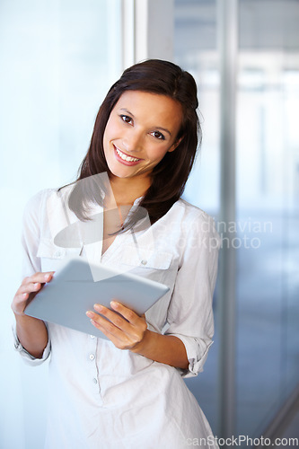 Image of Portrait, digital tablet and happy business woman in office for planning, management and project. Face, smile and confident female manager online for schedule, marketing or advertising research