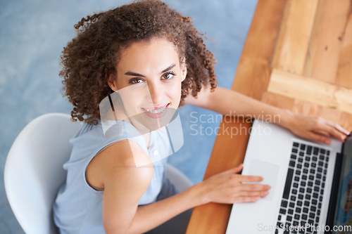 Image of Top view, portrait and woman with a laptop, business and keyboard with typing, startup success and new project. Face, female employee and consultant with a pc, technology and search internet for info