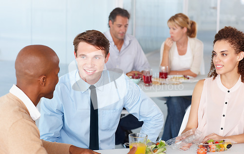 Image of Business, staff and team on lunch, conversation and relax with happiness, collaboration and partnership. Group, men and women on a break, discussion and communication with food, planning and eating