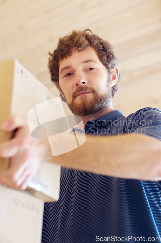 Image of Portrait delivery and man with boxes, packing and product with stock, organized and industrial. Face, male person and employee with cardboard, moving and shipping with a package and distribution