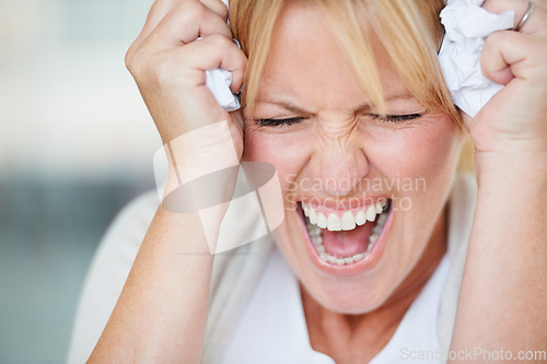 Image of Stress, screaming and frustrated woman with crumpled papers in business office. Burnout, shouting and closeup of female person with depression, headache or anxiety, nervous breakdown or anger at work