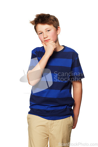 Image of Children, portrait and thinking with a boy in studio isolated on a white background standing hand on chin. Kids, idea and problem solving with a young male child contemplating a thought or solution