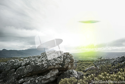 Image of UFO, sky and spaceship with lights over mountain for extraterrestrial, surreal or alien invasion. Spacecraft, war or world domination by drone in flight in nature for fantasy or outer space abduction