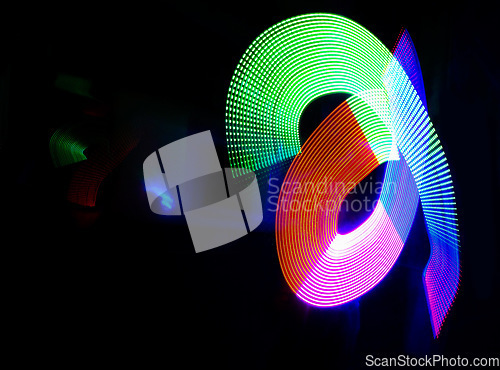 Image of Abstract, art and light illustration against a black background for energy, glow or movement flow. Neon, creative and colorful pattern with mockup for speed, vibration or texture with color splash