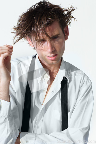 Image of Messy business man, depression and studio for pulling hair, think and lost with mental health by white background. Isolated businessman, stress or anxiety with frustrated face, crazy with problem