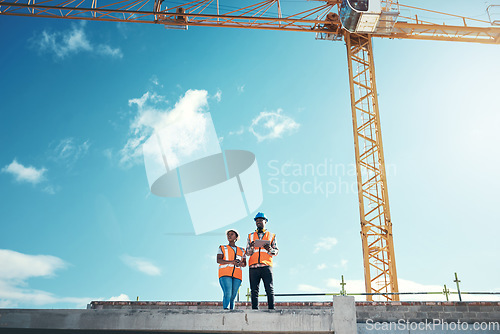 Image of Building roof, engineer team talking at construction site outdoor for vision, development or architecture. Black woman and man for engineering teamwork, planning or safety discussion with sky mockup