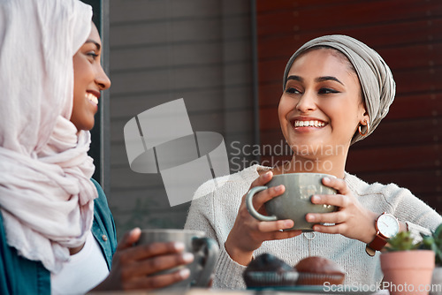 Image of Relax, coffee and muslim women in cafe for conversation, food and social. Happy, relax and culture with arabic female customer drinking tea in restaurant for discussion, happiness and meeting