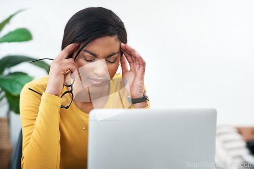 Image of Stress, headache and business woman on computer thinking of mistake, health problem or work from home burnout. Depressed, anxiety and fatigue or migraine pain of african person or designer on laptop