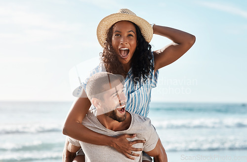 Image of Beach, piggyback and excited woman with happy man on romantic summer holiday with waves and travel to ocean. Romance, happiness and couple at sea for adventure date on vacation together in Mexico.