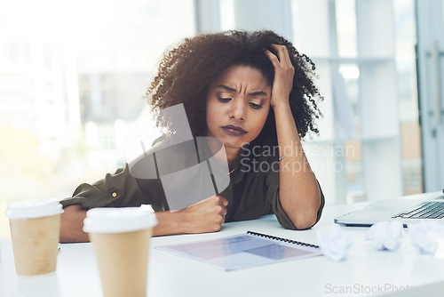 Image of Burnout, stress and business woman in office for fatigue, overworked and exhausted from working. Anxiety, tired and African female worker overwhelmed with proposal deadline, workload and pressure