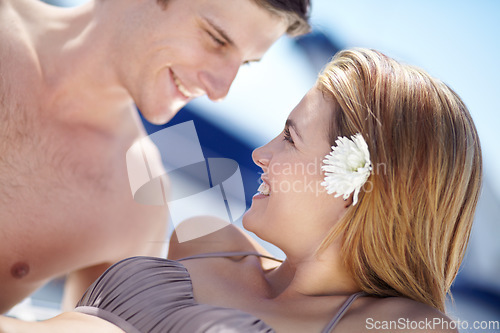 Image of Love, travel and happy couple on a yacht bonding, smile and freedom on summer vacation. Face, romantic and excited man with woman embracing on a boat with intimacy, flirting and bonding on holiday