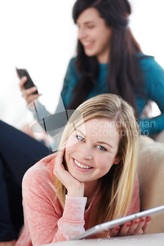 Image of Tablet, college student and portrait of woman relax in home on the internet, social media and online app in a house. Happy, calm and young female person browsing the web or website with happiness