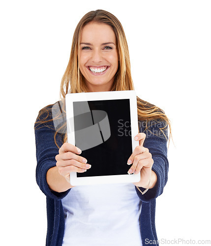 Image of Tablet, mockup screen and woman in portrait isolated on white background of website design or advertising. Happy person or online user with digital technology, application and mock up space in studio