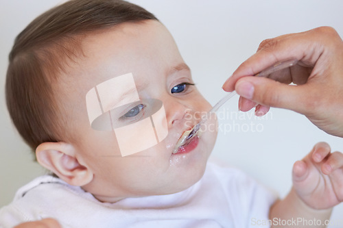 Image of Food, breakfast and feeding with baby and mother for weaning, growth and childcare nutrition. Health, development and eating with woman and infant in family home for morning, bonding and dining