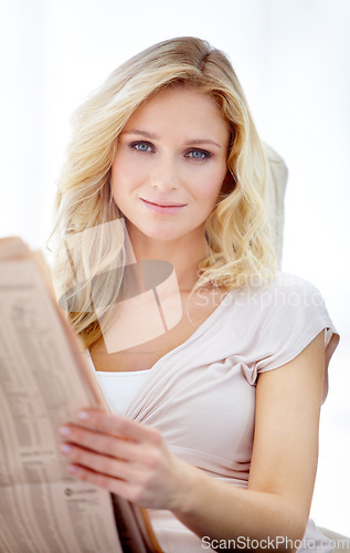 Image of Portrait, woman and reading newspaper in white background for article, information and isolated studio. Female model with print media, story update and knowledge of international newsletter in paper