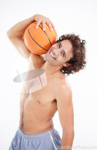 Image of Sports, portrait and smile of man with basketball in studio isolated on a white background. Player, fitness and happy athlete with ball ready for training, exercise or workout for wellness and health