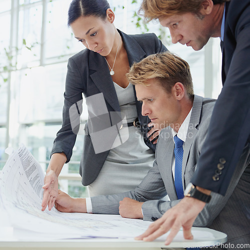 Image of Architecture, coworkers with blue print and planning construction of building or project together. Teamwork or collaboration, strategy or ideas and architect colleagues with paperwork or design