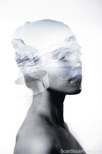 Image of Overlay, thinking and woman with mountains, water and nature with freedom, carefree and wonder. Female person, lady and model with double exposure, natural and thoughts with ideas, creative and art