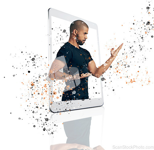 Image of Fitness, karate and a serious man on a phone app isolated on a white background in a studio. Training support, coach and a guy with moves for a cardio fight and exercise on a mobile with color splash