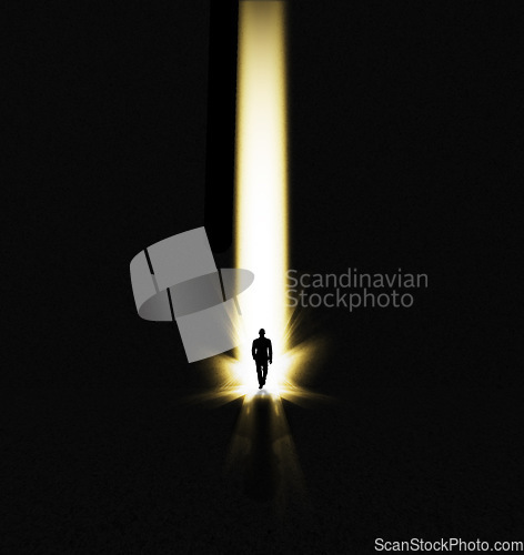 Image of Walking man, faith and miracle light with shadow showing beam and spotlight for hope. Male, silhouette and entrance with mock up and isolated black background with art, journey and heaven doorway