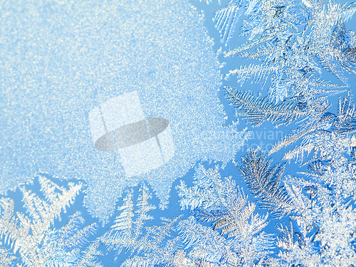 Image of Abstract, winter and frozen snow art for christmas, holiday or season with mockup space. Pattern, texture and ice, frost and silver crystal for cold weather creative or artistic glass with mock up.