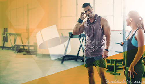 Image of Man, woman and talking about fitness at gym while happy or shy for conversation about health and wellness. Athlete people or team together at club for training workout or exercise with mockup overlay