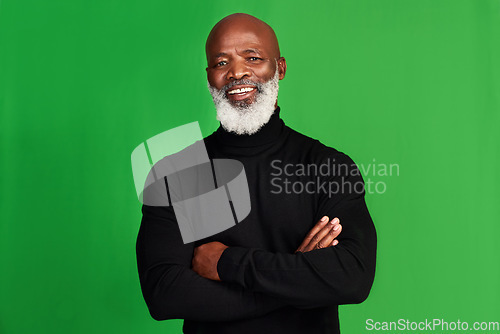 Image of Happy, arms crossed and portrait of black man on green screen for confident, fashion and elegant style. Happiness, smile and senior with male model isolated on studio background for pride and mockup