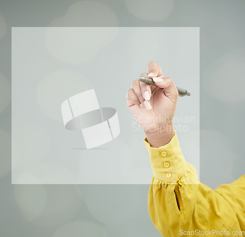 Image of Hand, writing and digital pen on space of woman in advertising, marketing or UI design. Female person or writer drawing on blank, empty or square box for web on touch screen notes or doodle on hud