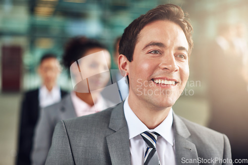 Image of Business man, audience and meeting or presentation with person listening to seminar, workshop or training. Group of people at conference, convention or corporate event for information or education