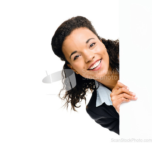 Image of Woman, portrait or hiding by billboard promotion sales, poster branding mockup or product placement mock up. Happy smile, hide or banner paper deal and business about us on isolated white background