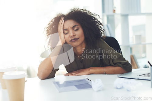 Image of Stress, burnout and tired business woman in office with fatigue, overworked and exhausted from working. Sleeping, anxiety and African female worker lazy for deadline, workload and pressure at desk