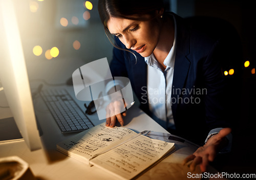 Image of Night, notes or businesswoman reading research or paperwork overtime working on growth strategy. Late, lens flare or focused employee brainstorming ideas for project deadline on internet in office