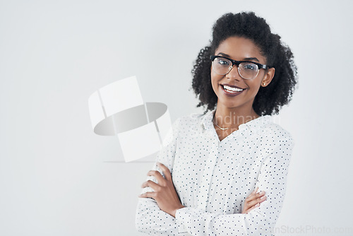 Image of Smile, business and portrait of black woman with arms crossed in studio isolated on a white background mockup. Glasses, confidence and face of professional, entrepreneur or person from South Africa.