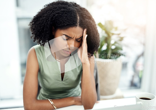 Image of Stress, depressed or black woman in office with headache pain from job pressure or burnout fatigue in company. Bad migraine problem, business or tired girl employee frustrated by deadline anxiety