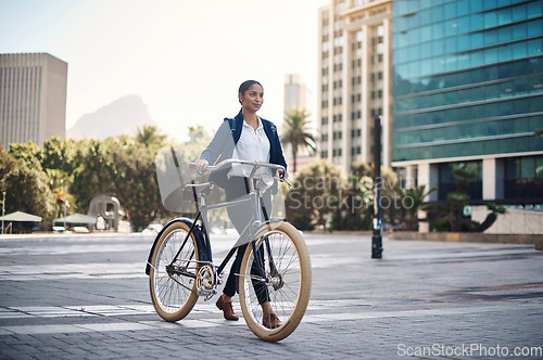 Image of Travel, city and businesswoman walking with a bicycle in the morning in the street to work. Eco friendly, transport and professional female employee commuting to the office with a bike in urban town.