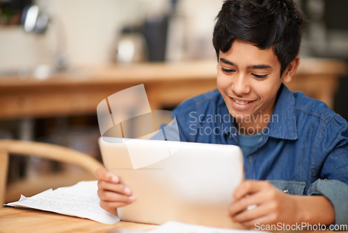 Image of School, tablet and boy in classroom with smile learning, internet website and young students. Digital education, elearning and child in Montessori class, happiness and studying with online reading.