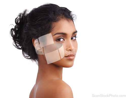 Image of Portrait, skincare and Indian woman with beauty, cosmetics and lady isolated against a white studio background. Face, female person and confident model with dermatology, salon treatment and grooming