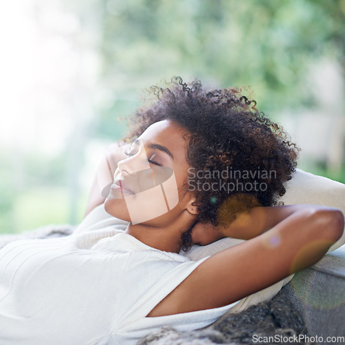 Image of Relax, sleep and happy woman lying on sofa, afternoon nap and rest in calm apartment on weekend. Sleeping, daydream idea and girl on couch relaxing, self care and stress free time to chill in lounge.