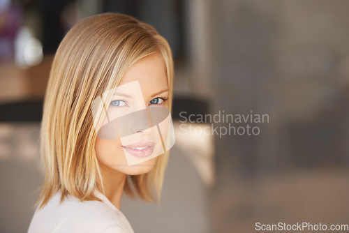 Image of Face, natural beauty of woman and confidence or proud in blurred background at home. Stylish, relaxed or elegance and a serious female person in closeup with mockup indoors at their house in Denmark