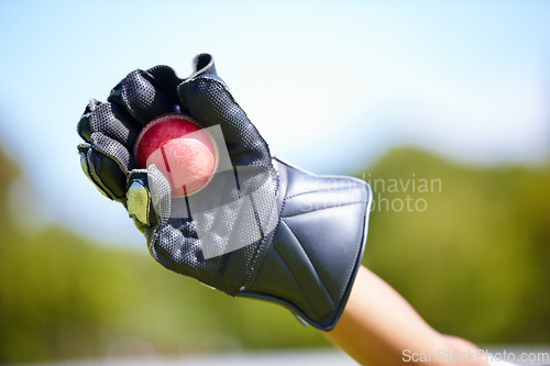 Image of Cricket, ball and hand with a wicket keeper making a catch during a sports game outdoor on a pitch. Fitness, glove and caught with a sport player playing a competitive match outside during summer