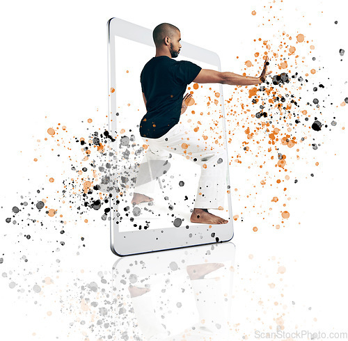 Image of Fitness, frame and karate man on digital tablet in studio for training, health and creative sports on white background. Screen, box and male taekwondo trainer with online app for martial arts workout