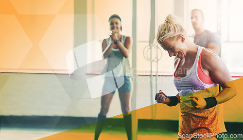 Image of Fitness woman, gym and celebrate exercise, workout and training goals or win. Sports person happy about mockup overlay space for power challenge, energy or achievement at health and wellness club